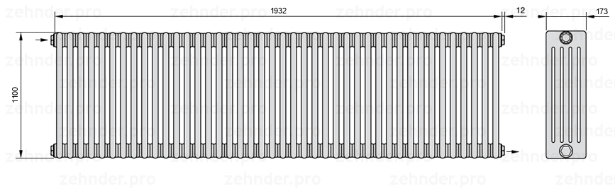 Схема (чертеж) Радиатор Zehnder Charleston 5110/42 №1670 Белый глянцевый RAL 9016